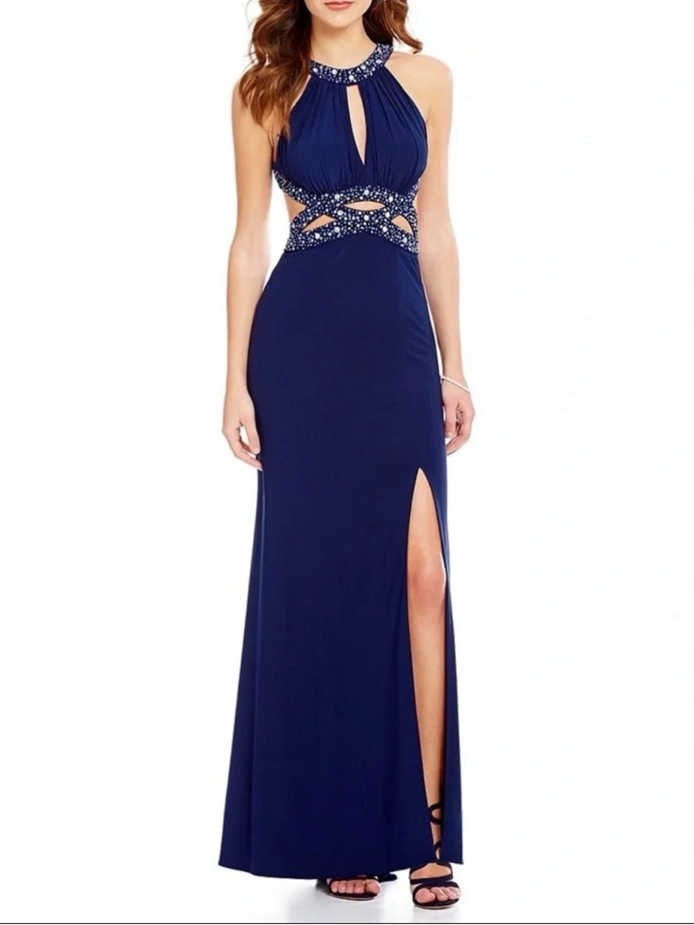 Morgan & Co. Navy Beaded Double Cutout Formal Gown 1/2 slit jewel open back